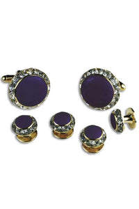 Classix Purple Enamel Rhinestones Border Studs and Cufflinks Set