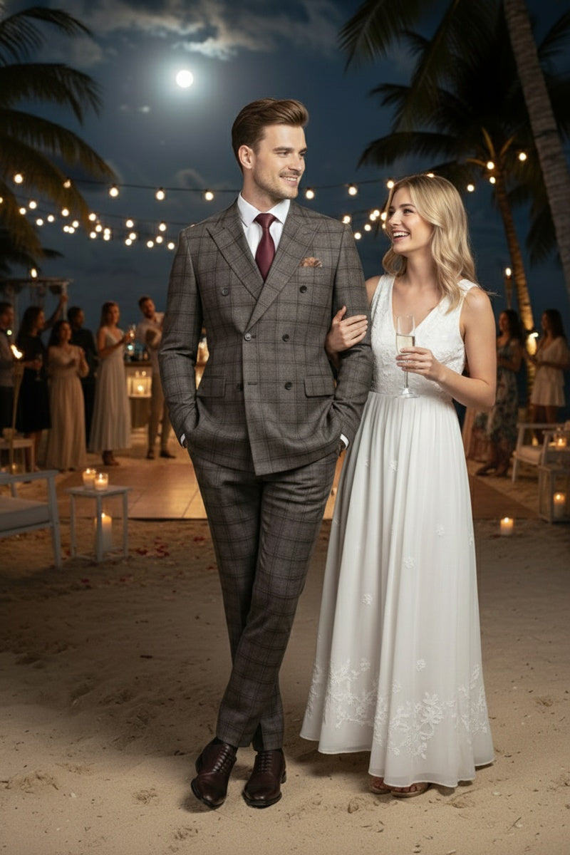 Brown Windowpane 6-Button Peak DB Suit (2-Piece Set)