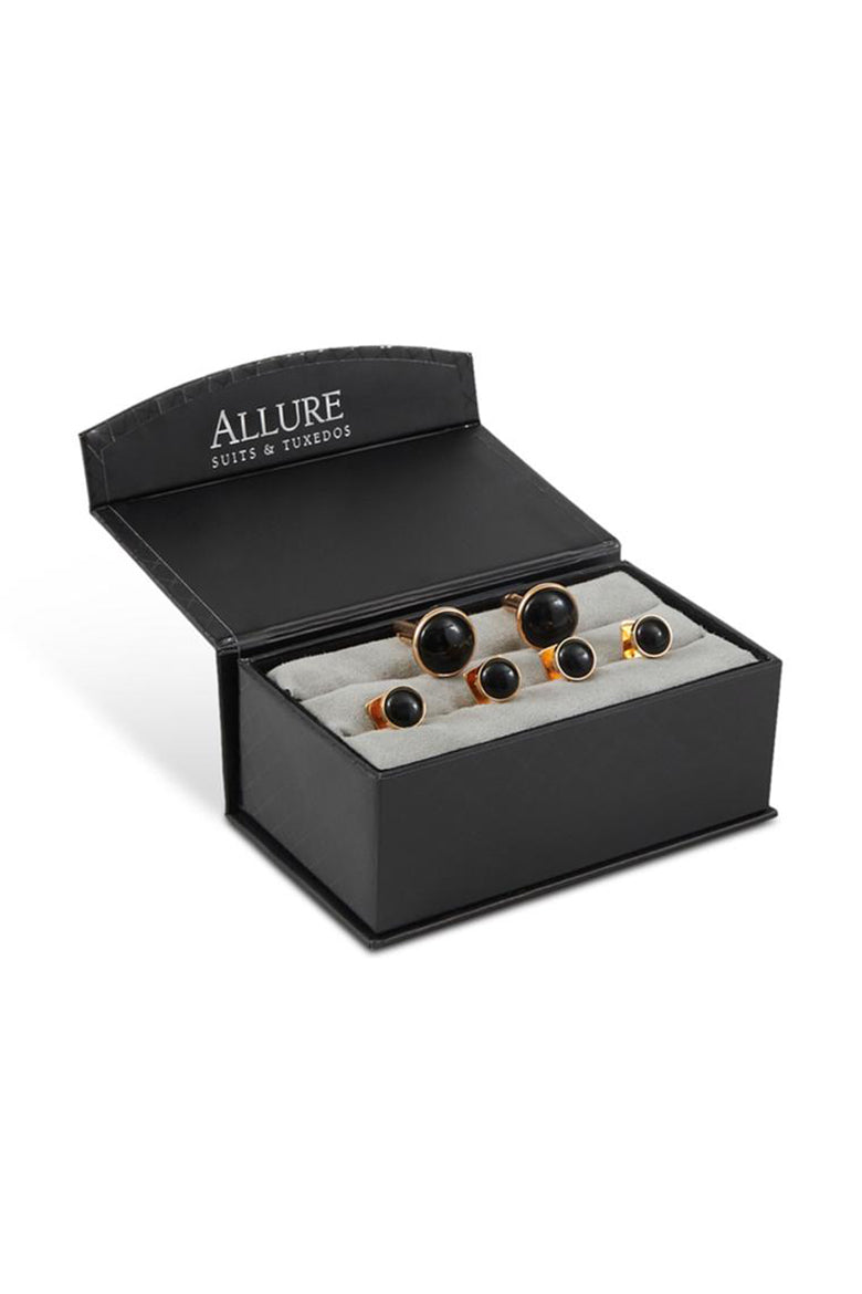 Black Circular Onyx  in Gold Setting Studs and Cufflinks Set