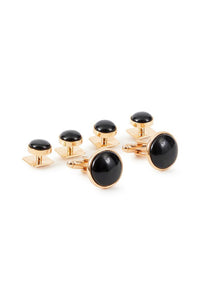 Black Circular Onyx  in Gold Setting Studs and Cufflinks Set