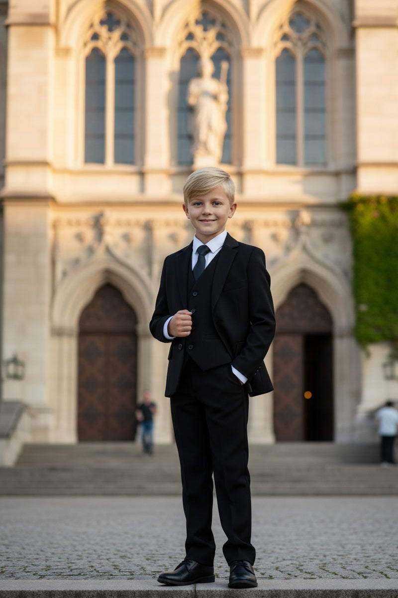 "Liam" Kids Onyx Black Suit (5-Piece Set)