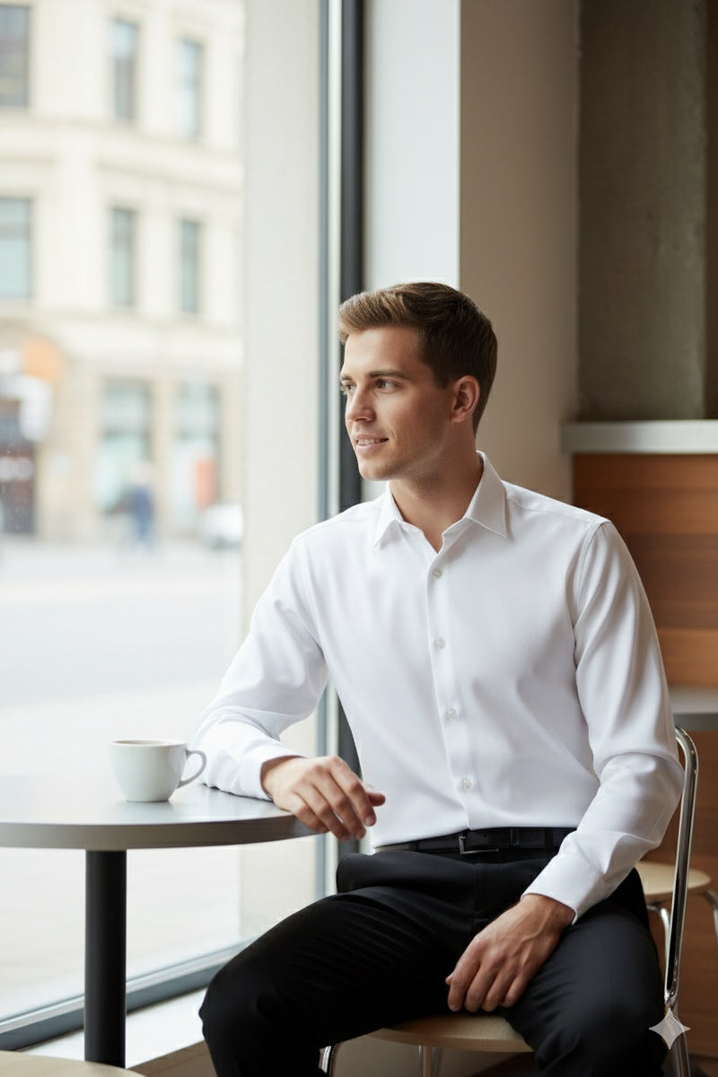 white twill dress shirt Wrinkle-Resistant Twill White Dress Shirt No Pocket / Standard Buttons