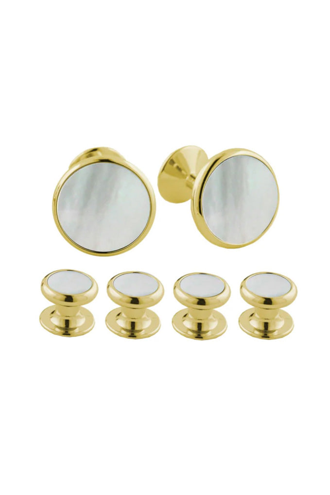 David Donahue Mother of Pearl and Gold Brass Studs & Cufflinks Set