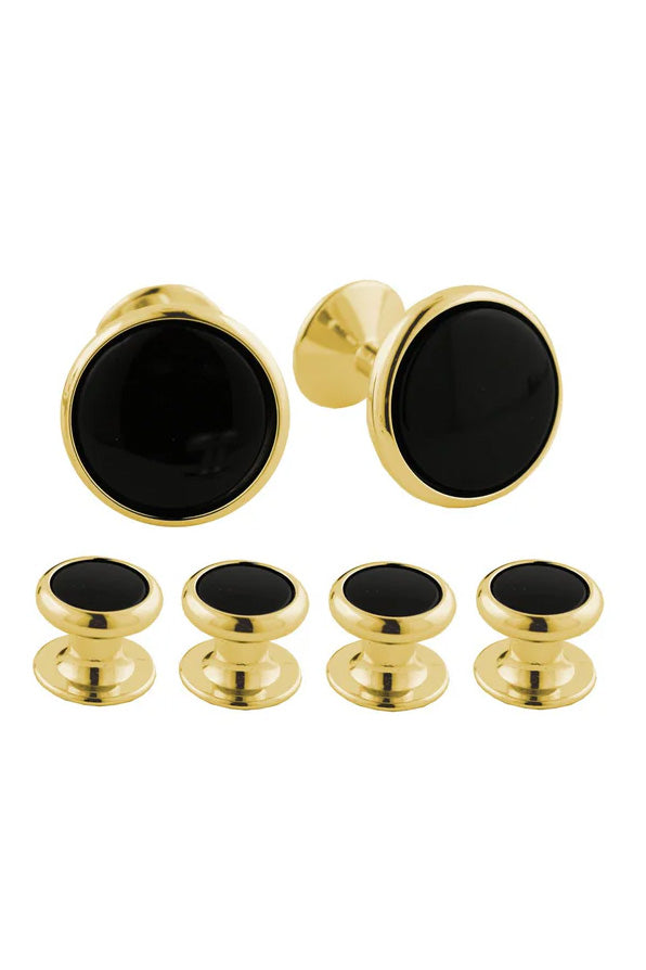 David Donahue Onyx and Gold Brass Studs & Cufflinks Set
