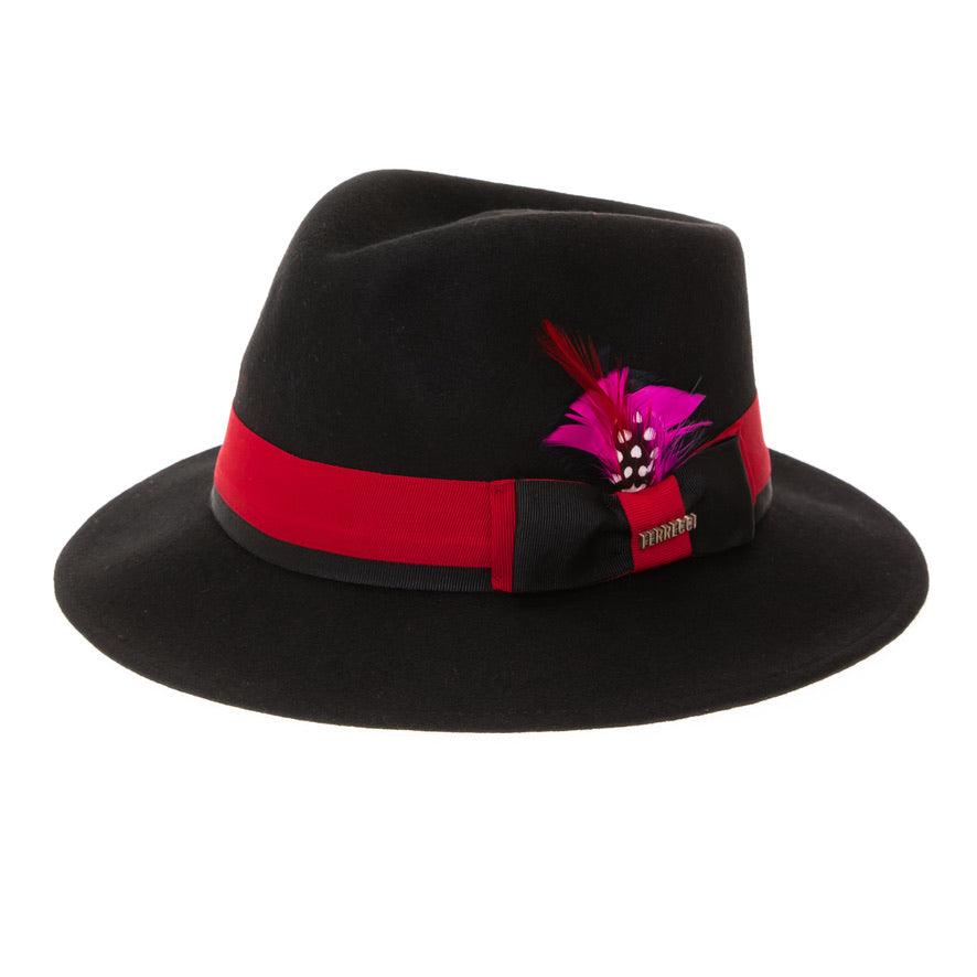 Ferrecci S Black & Red Grayson Fedora 100% Australian Wool Crushable Hat