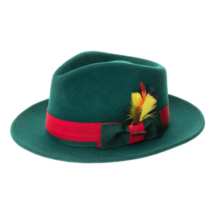 Ferrecci S Hunter Green & Red Grayson Fedora 100% Australian Wool Crushable Hat