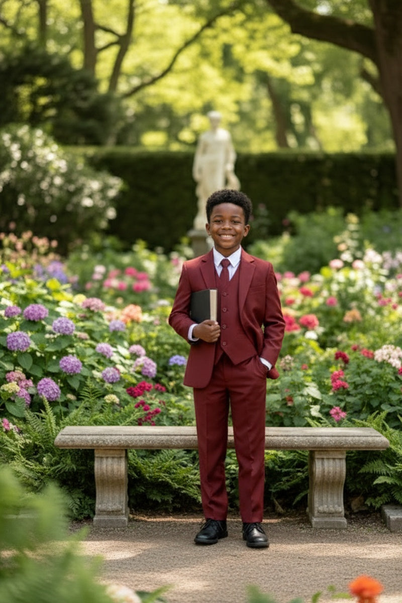 Little Tuxedos "Mason" Kids Burgundy Suit (5-Piece Set)
