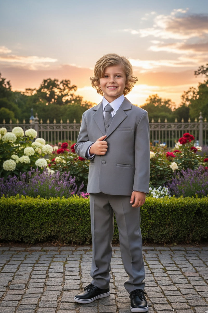 "Mason" Kids Medium Grey Suit (5-Piece Set)