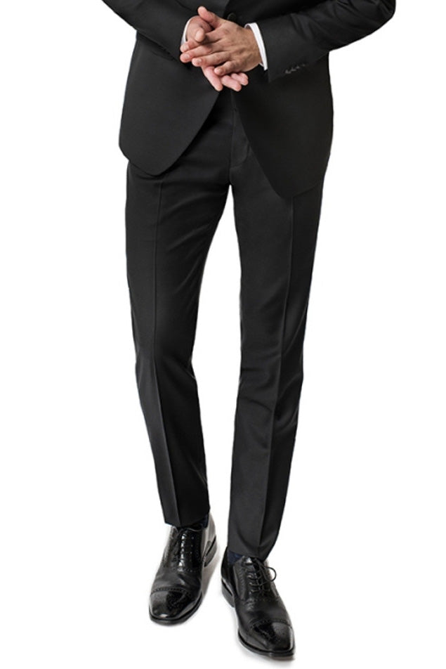 "Roma" Black Wool Plain Front Tuxedo Pants