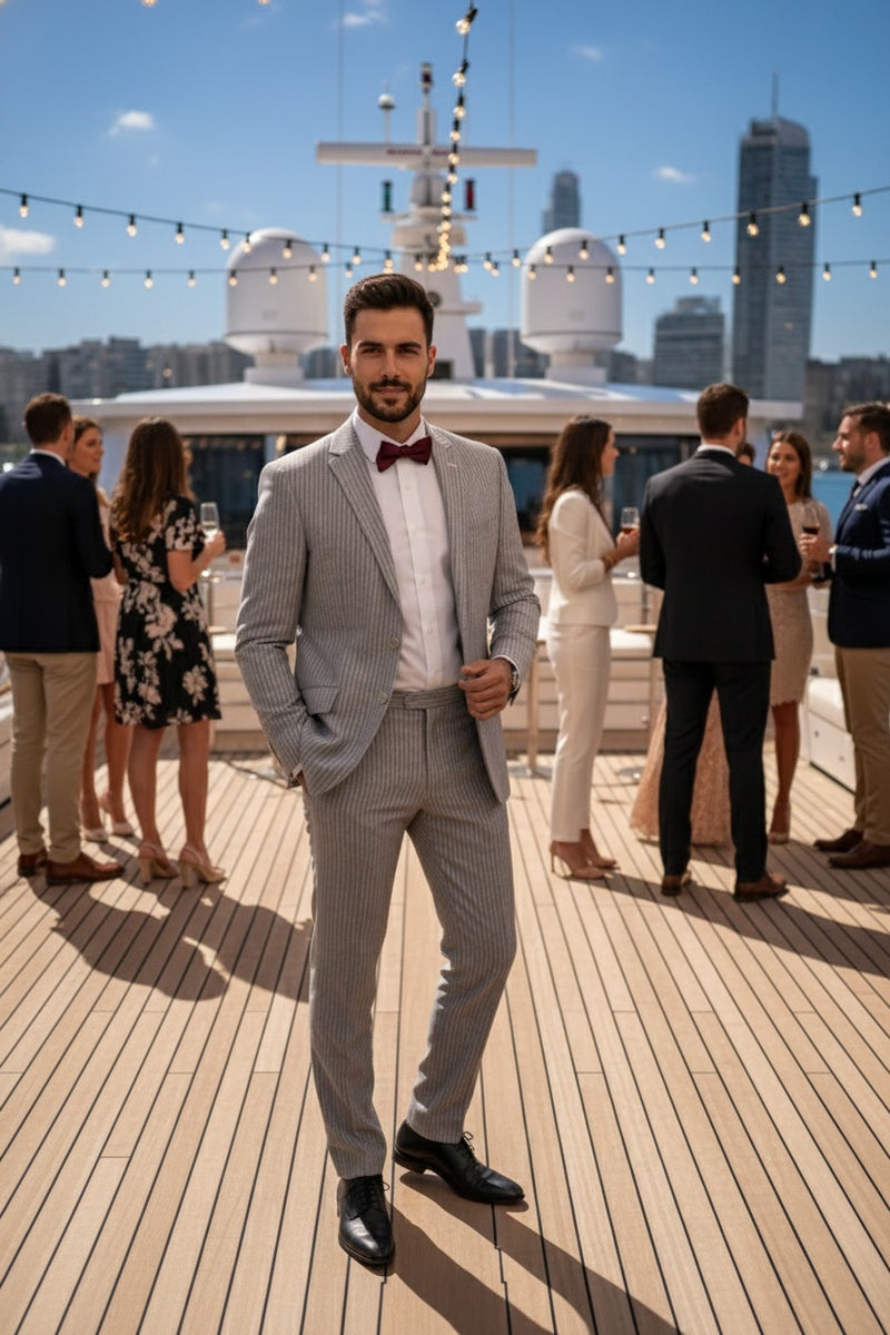 RN Collection Grey Cotton Stripe 2-Button Notch Suit (2-Piece Set)