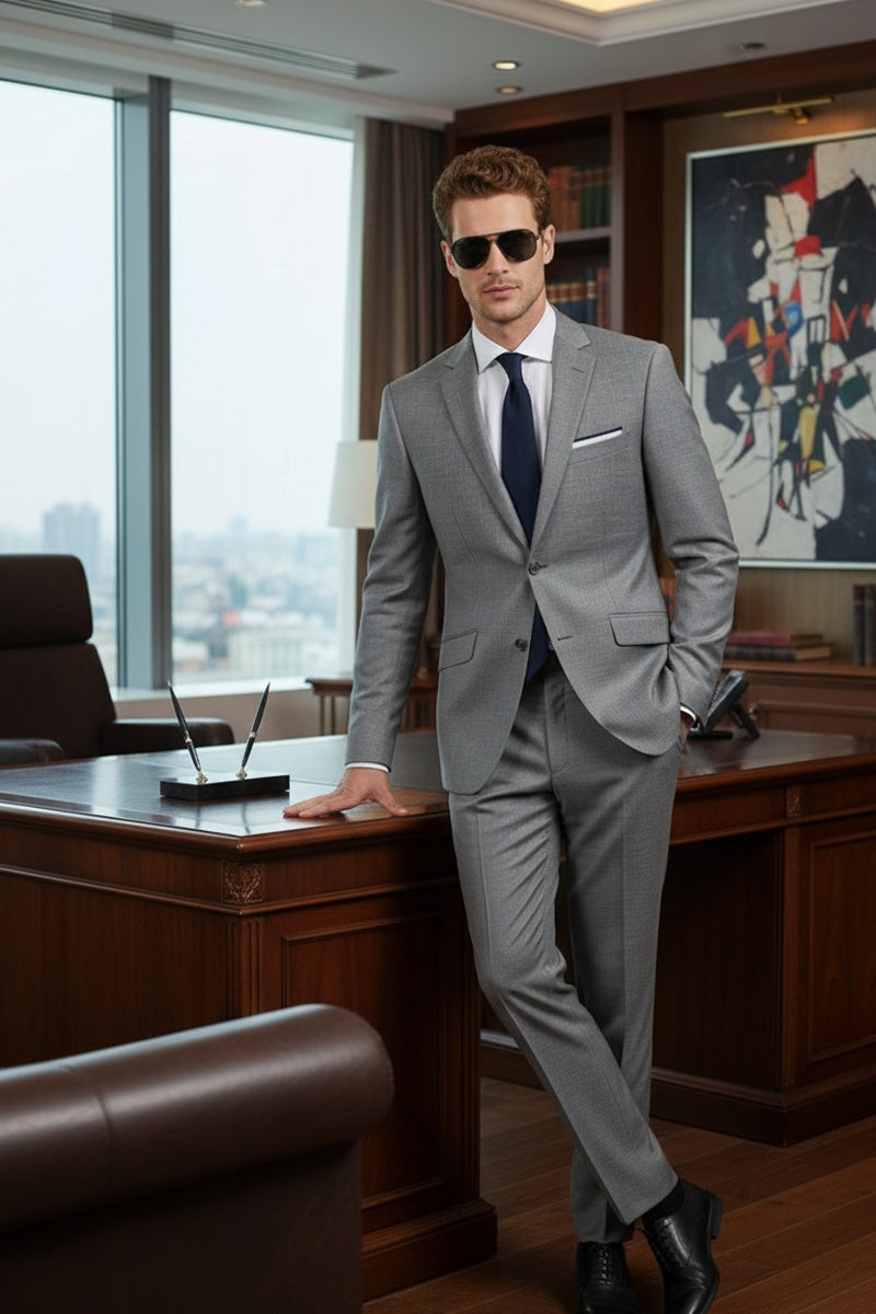 RN Collection Grey Solid 2-Button Notch Suit (2-Piece Set)