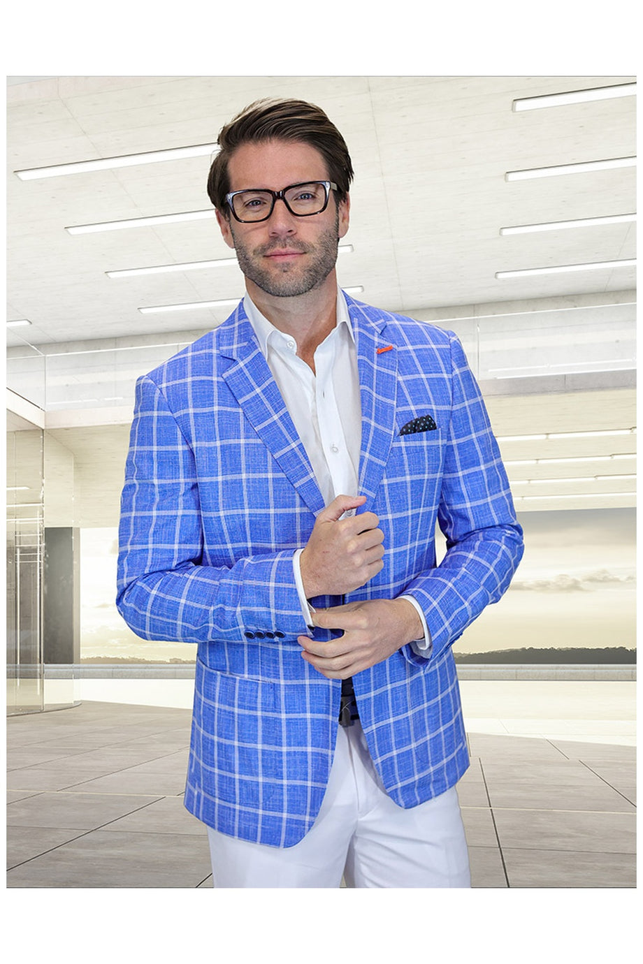 "Valentin" Steel Blue Windowpane Sports Jacket (Patch Pockets)