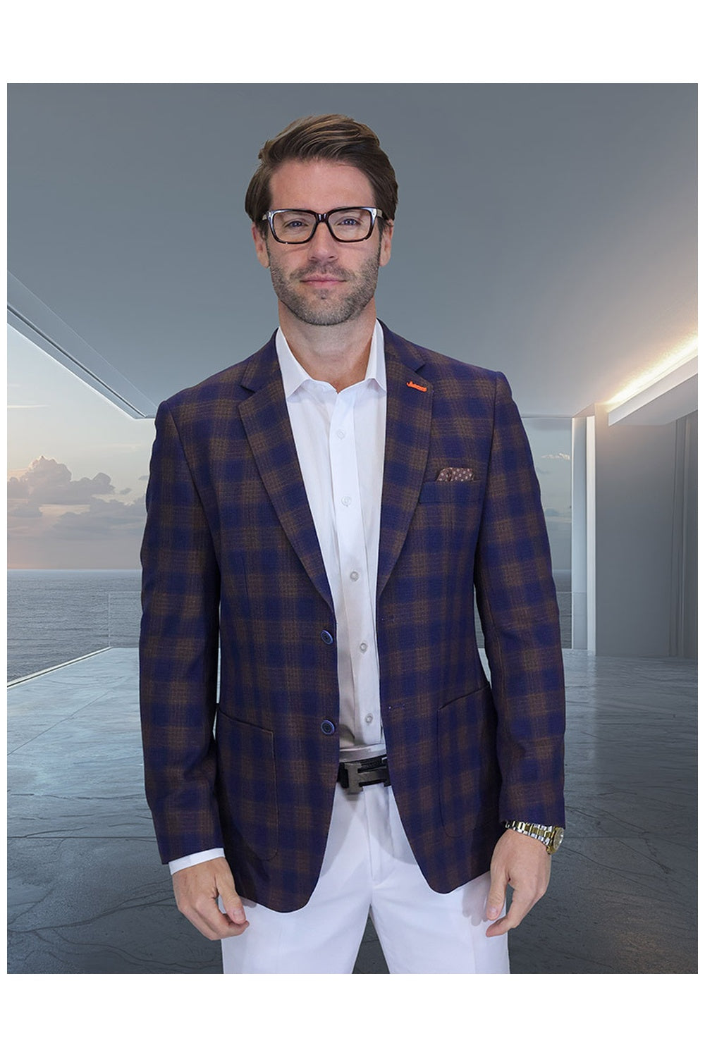"Valentin" Navy Windowpane Sports Jacket (Patch Pockets)