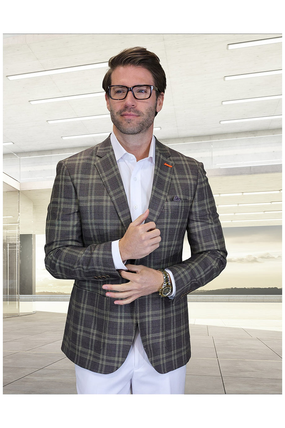 "Valentin" Light Brown Windowpane Sports Jacket (Patch Pockets)