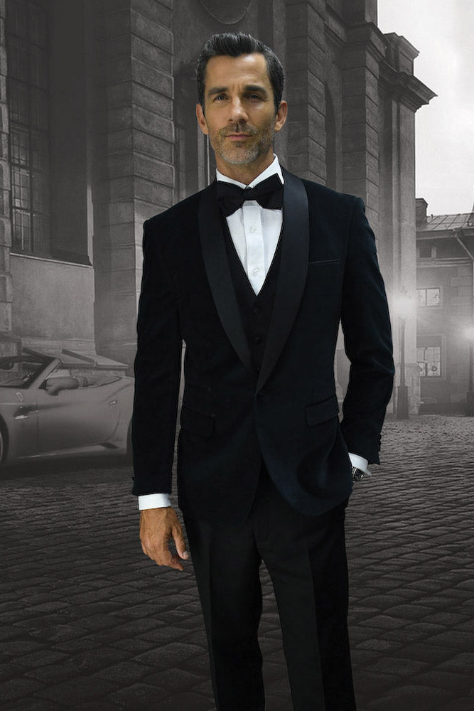 "Velvet Eclipse" Black 1-Button Shawl Tuxedo (4-Piece Set)