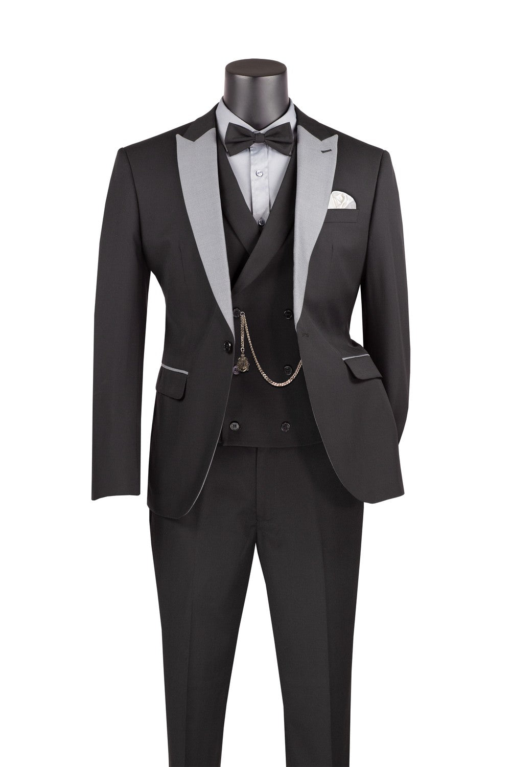 "Flare" Black 1-Button Peak Tuxedo (4-Piece Set)