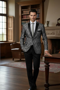 thumbnail image 2 of VINCI Men's Silver Sequins Disco Shawl Collar Tuxedo Jacket Blazer – Wedding Formal 2 of 4