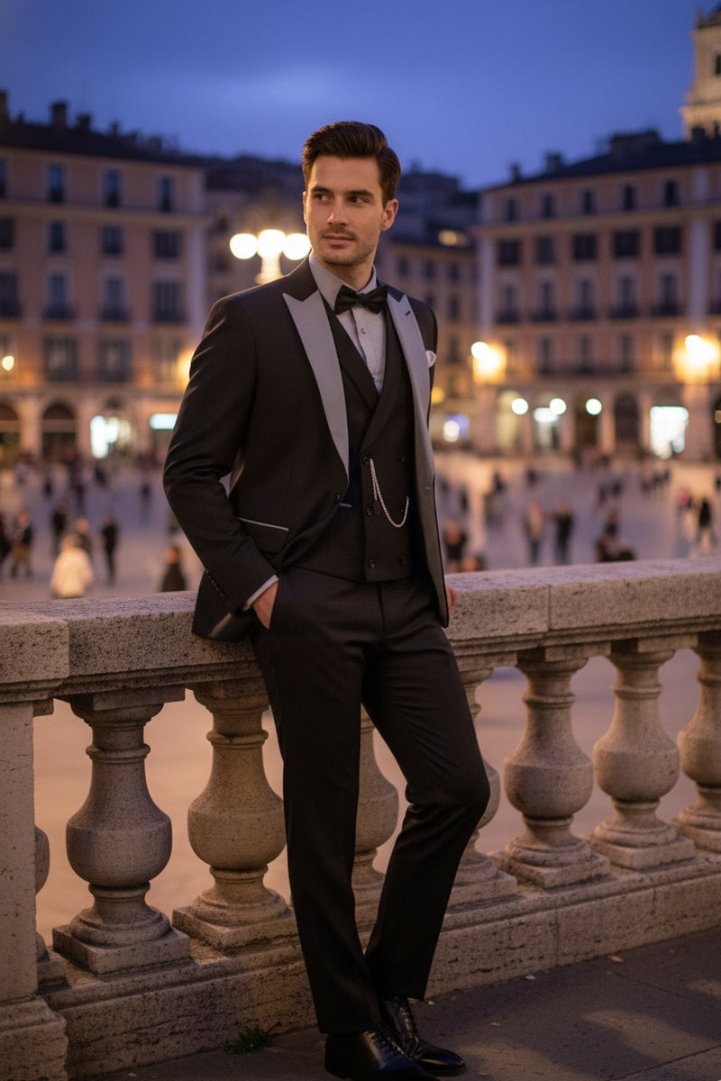 "Flare" Black 1-Button Peak Tuxedo (4-Piece Set)