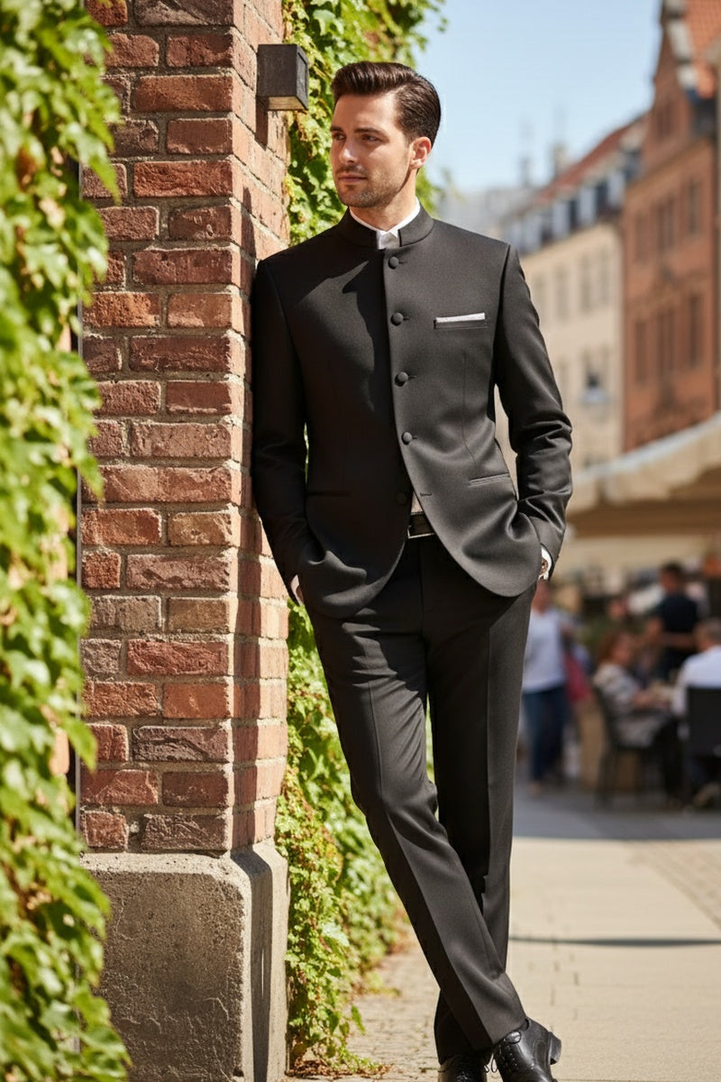 Vinci "Mandarin" Black 5-Button Suit (2-Piece Set)