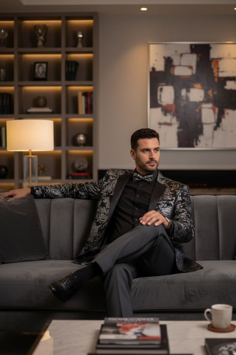 Vinci "Posh Paisley Velvet" Silver Tuxedo Jacket (Separates)