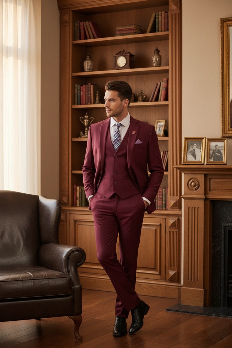 Vinci "Preston" Burgundy 2-Button Notch Suit (3-Piece Set)