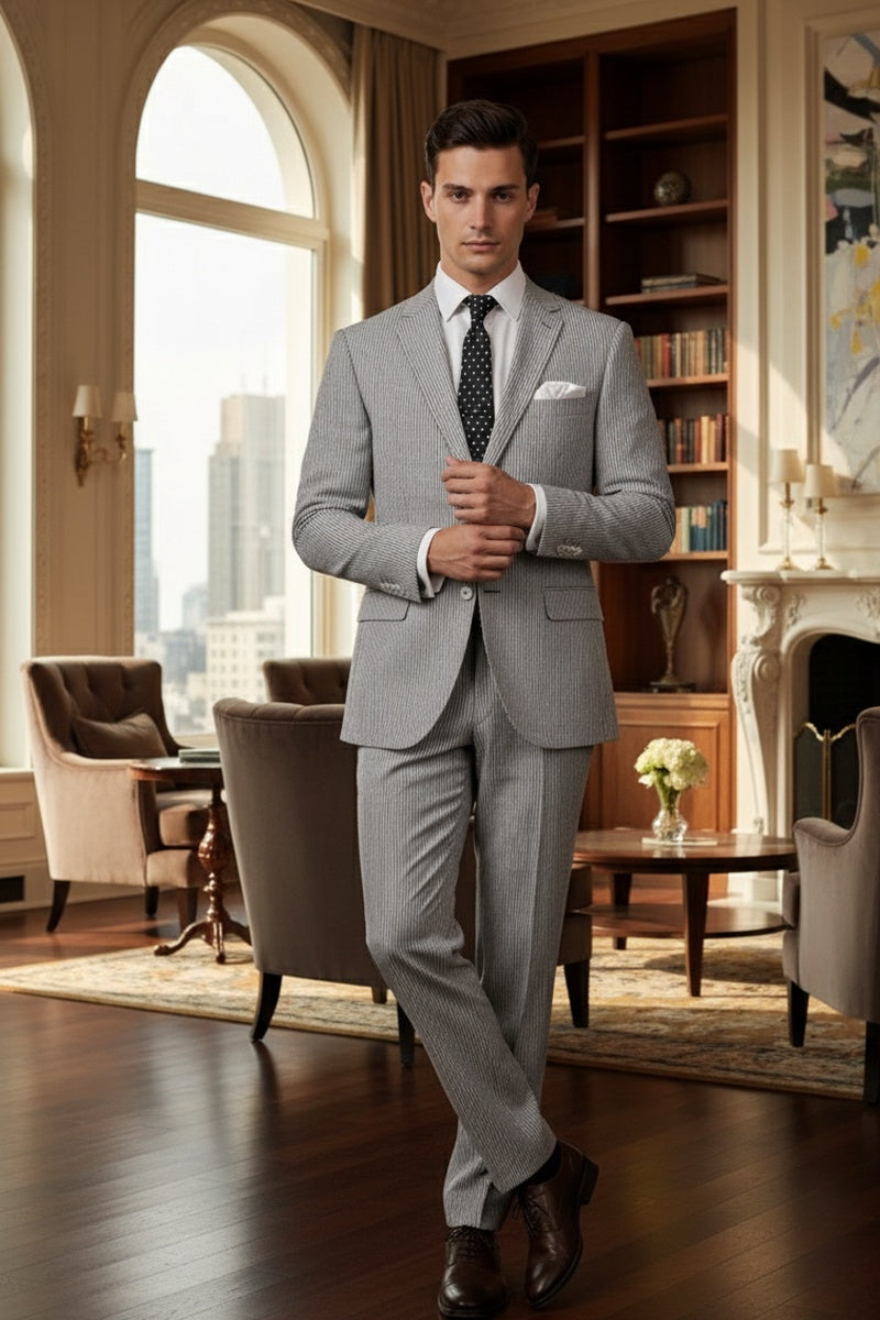 Vinci "Seersucker" Black 2-Button Notch Suit (2-Piece Set)