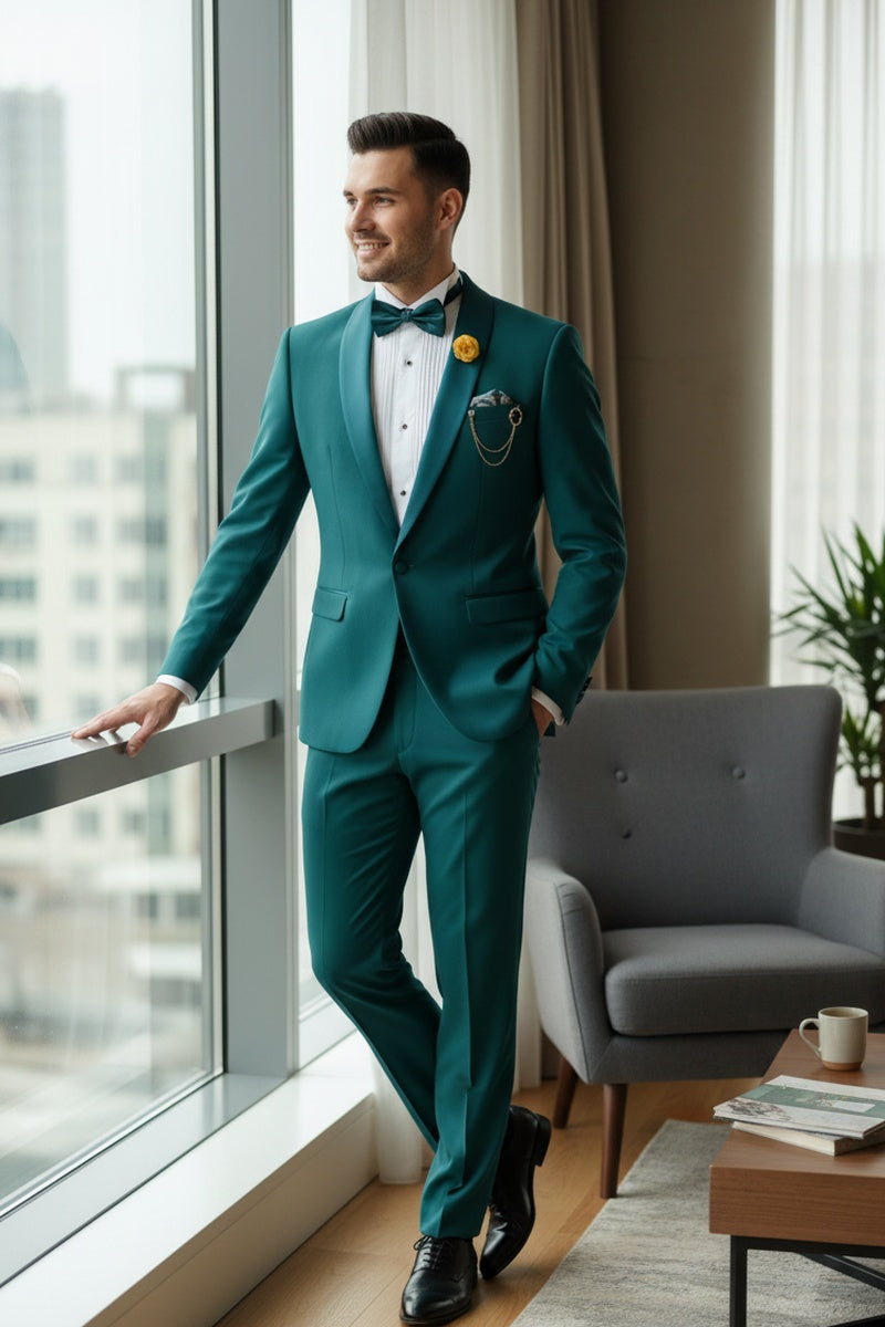 Vinci "Spectrum" Teal 1-Button Shawl Tuxedo (3-Piece Set)