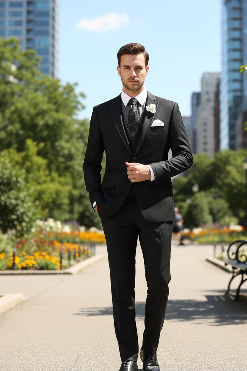 Vinci "Syracuse" Black Vinci 2-Button Notch Tuxedo (3-Piece Set)