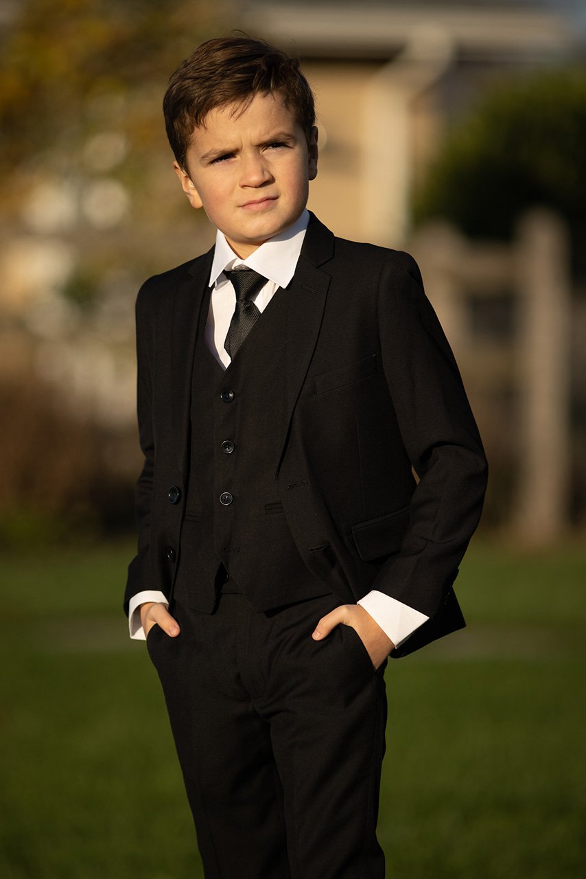 BLACKTIE "Premium" Kids Black 5-Piece Wool Blend Suit