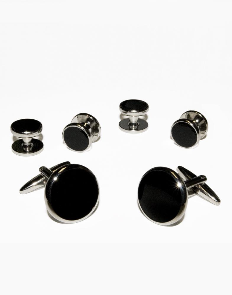 Classic Collection Black Circular Enamel in Silver Setting Studs & Cufflinks Set