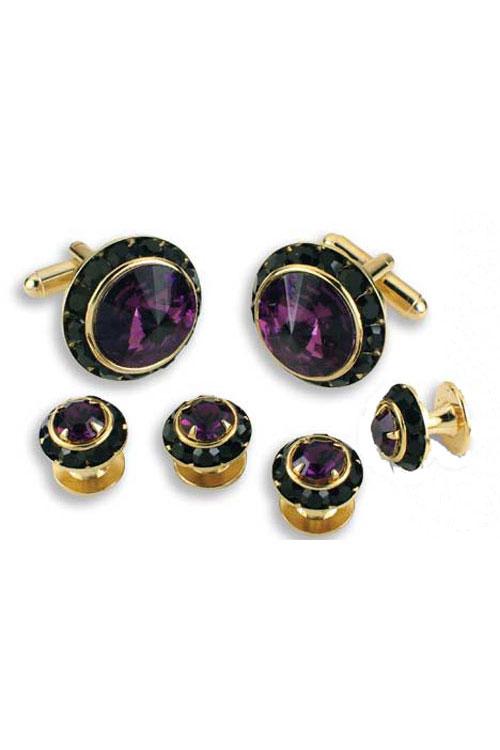 Classix Amethyst Crystal Black Rhinestones Border Studs and Cufflinks Set