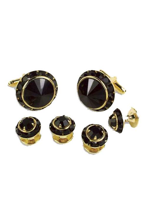 Classix Black Crystal Black Rhinestones Border Studs and Cufflinks Set