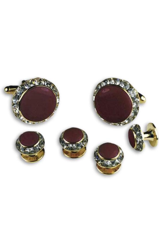 Classix Burgundy Enamel Rhinestones Border Studs and Cufflinks Set