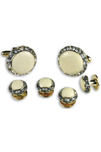 Classix Ivory Enamel Rhinestones Border Studs and Cufflinks Set