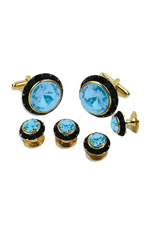 Classix Light Blue Crystal Black Rhinestones Border Studs and Cufflinks Set