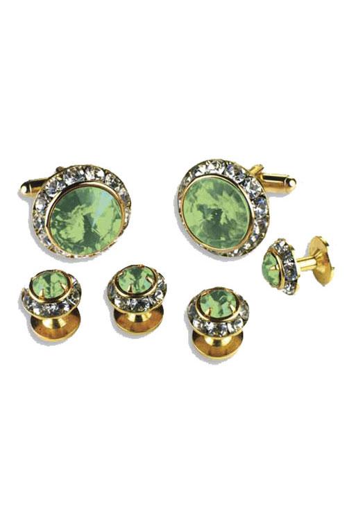 Classix Light Green Crystal Rhinestones Border Studs and Cufflinks Set