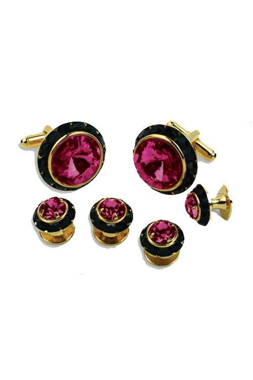 Classix Light Pink Crystal Black Rhinestones Border Studs and Cufflinks Set