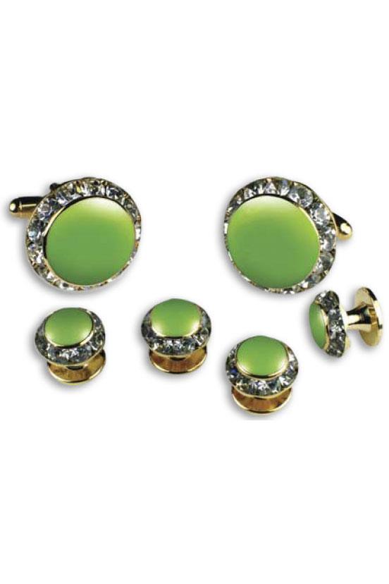 Classix Lime Enamel Rhinestones Border Studs and Cufflinks Set