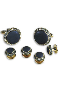 Classix Navy Enamel Rhinestones Border Studs and Cufflinks Set