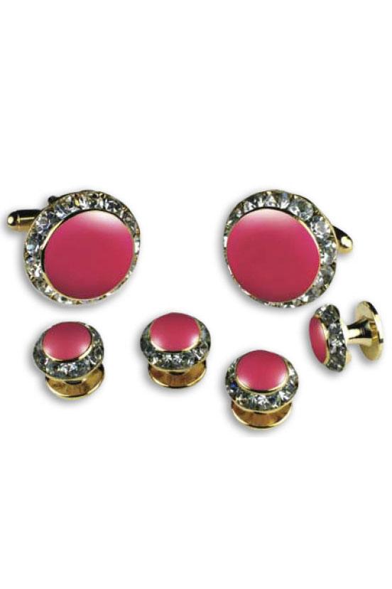 Classix Pink Enamel Rhinestones Border Studs and Cufflinks Set