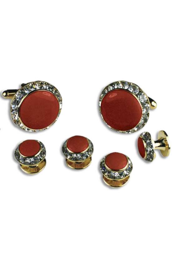 Classix Red Enamel Rhinestones Border Studs and Cufflinks Set