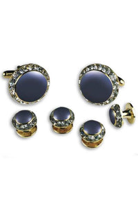 Classix Royal Blue Enamel Rhinestones Border Studs and Cufflinks Set