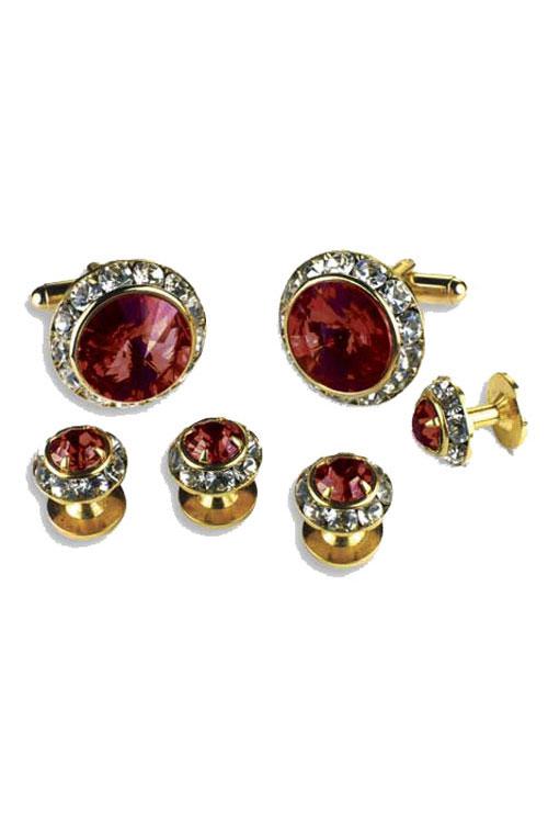 Classix Ruby Crystal Rhinestones Border Studs and Cufflinks Set