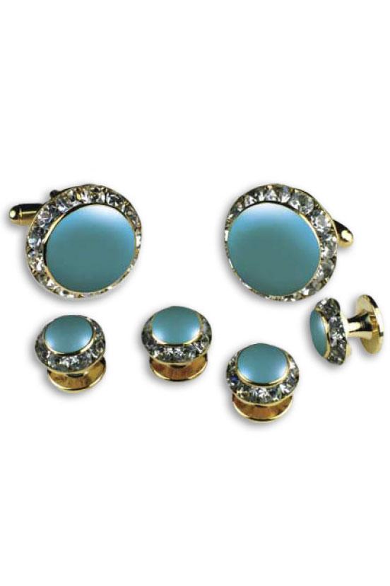 Classix Teal Enamel Rhinestones Border Studs and Cufflinks Set