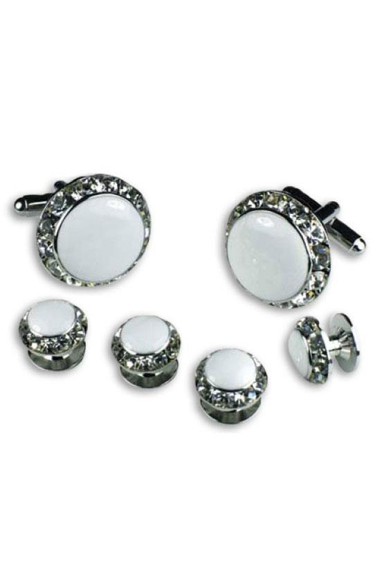 Classix White Enamel Rhinestones Border Studs and Cufflinks Set