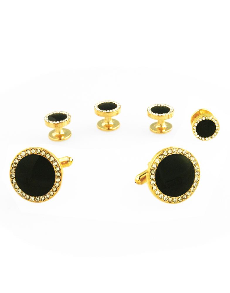 Cristoforo Cardi Black Circular Enamel with CZ Border Gold Edge Studs and Cufflinks Set