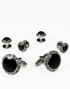Cristoforo Cardi Black Circular Enamel with Rhinestones Silver Edge Studs and Cufflinks Set
