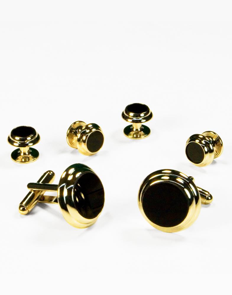 Cristoforo Cardi Black Circular Onyx with Gold Double Edge Concentric Circles Studs and Cufflinks Set