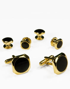 Cristoforo Cardi Black Circular Onyx with Gold Octagon Edge Studs and Cufflinks Set