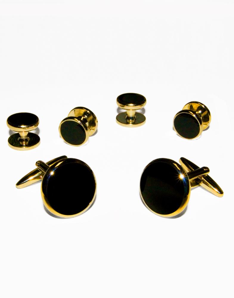 Cristoforo Cardi Black Circular Onyx with Gold Trim Studs and Cufflinks Set